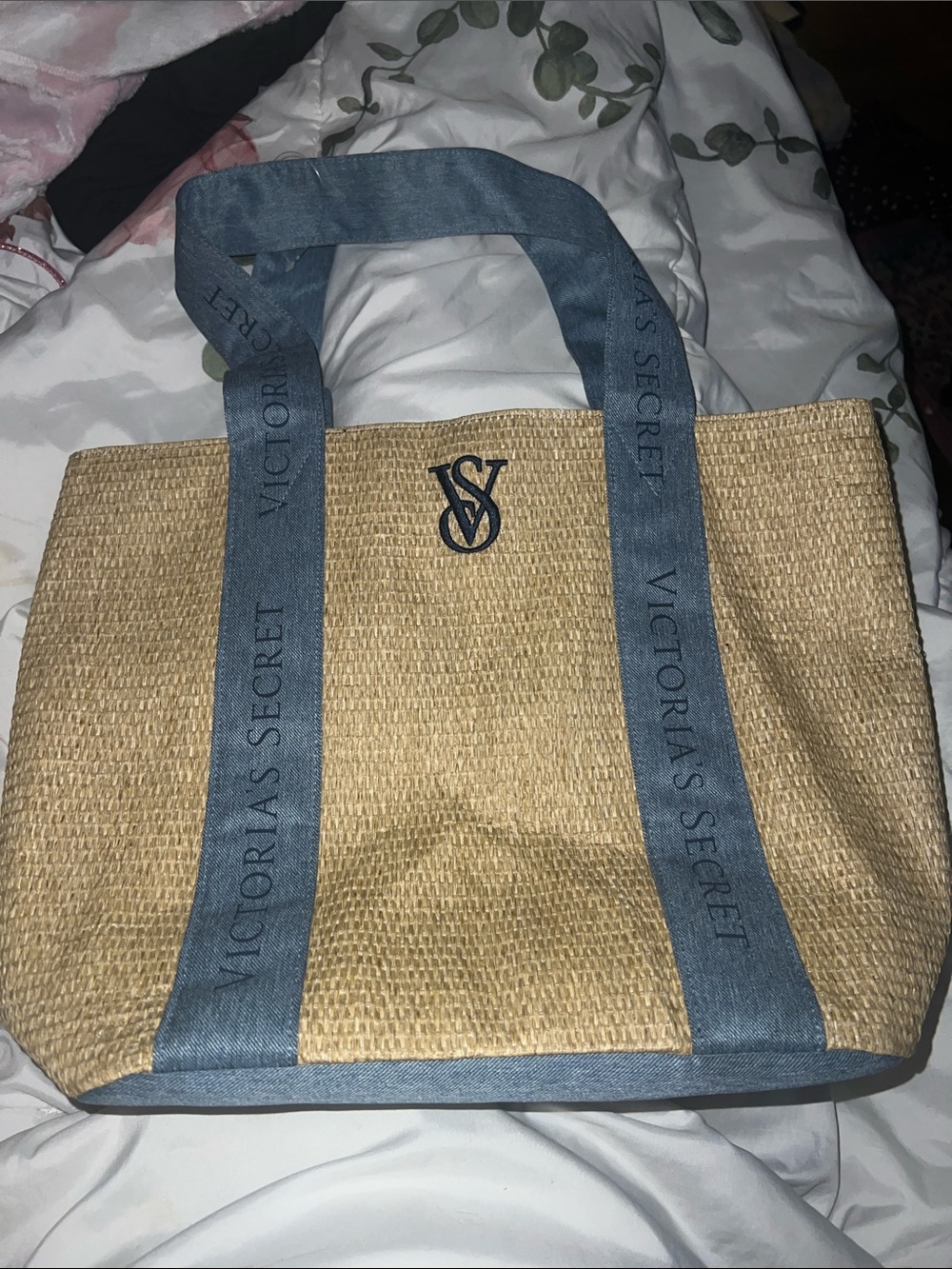 Victoria's Secret Natural Straw Tote with Blue Trim